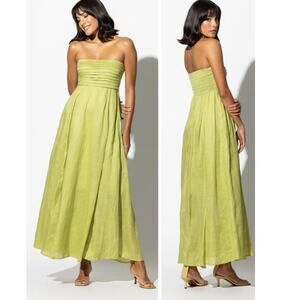 Lusana Talia Linen Strapless Pintuck Maxi A-Line Dress Sage Green Women's Size S